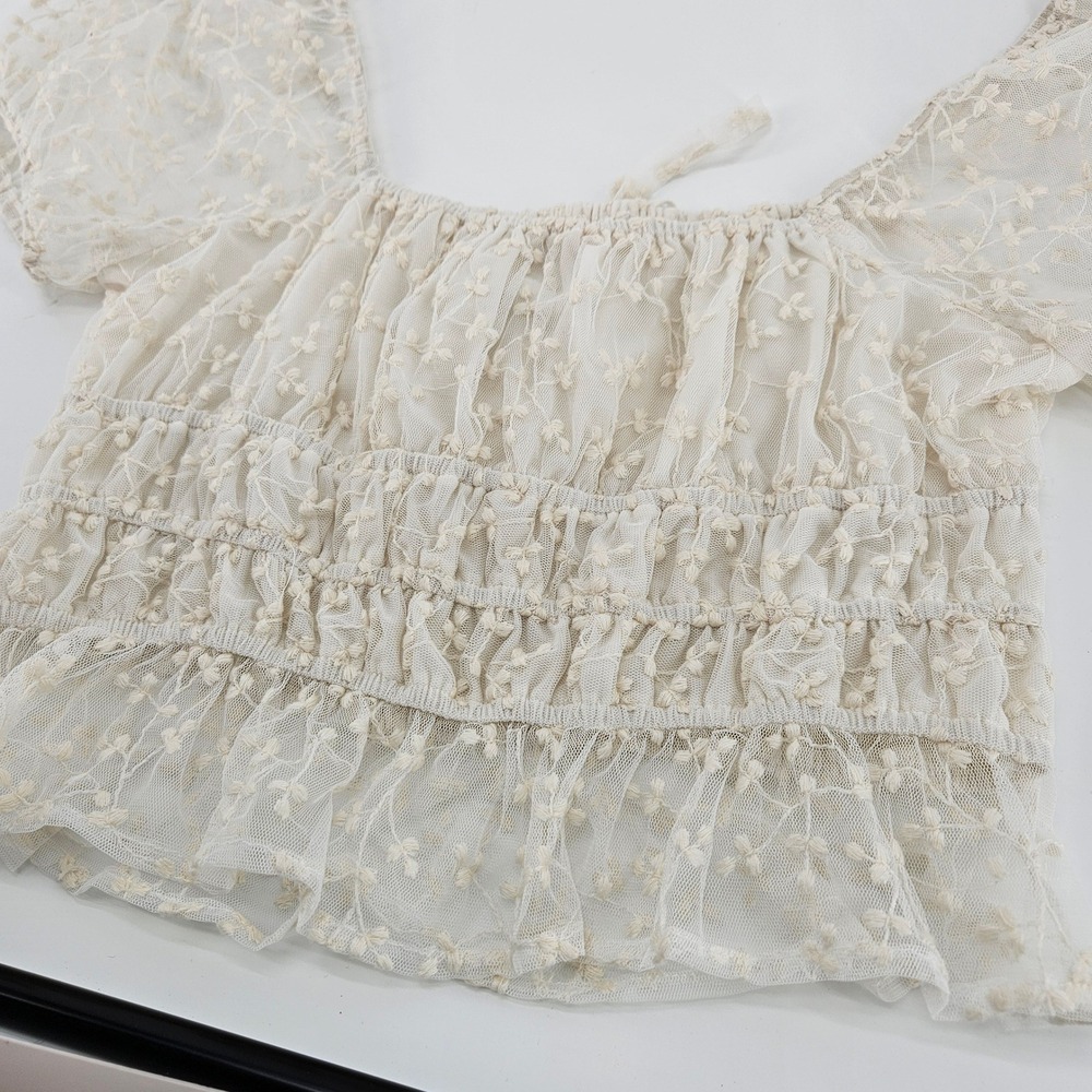 Coquette Sheer Mesh Puff Sleeve Ruched Top Blouse Going Out Large Fairy Milkmaid - Picture 8 of 8